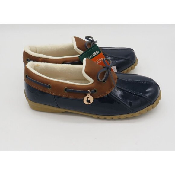 Sporto Womens Navy Brown Patent Faux Fur Lined Duck Shoes 6 NEW - Picture 8 of 8